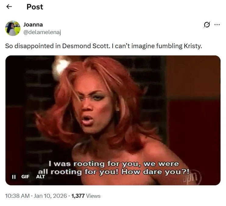 Some fans directed their disappointment at Desmond Scott. Image Credit: @delamelenaj/X