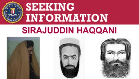 FBI Three images of Sirajuddin Haqqani in a row - one side profile photo, wearing a brown cloak. Two other pencil drawings showing a man with a beard and dark hair, as well as heavy eyebrows