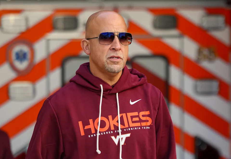 BLACKSBURG, VIRGINIA - NOVEMBER 22: Head coach James Franklin of the Virginia Tech Hokies walks on the field prior to the game against the Miami Hurricanes at Lane Stadium on November 22, 2025 in Blacksburg, Virginia.  (Photo by Ryan Hunt/Getty Images)