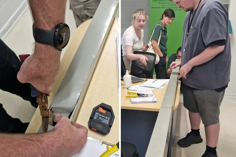 Left: Danny cutting the pipe. Right: Danny examining the pipe. 