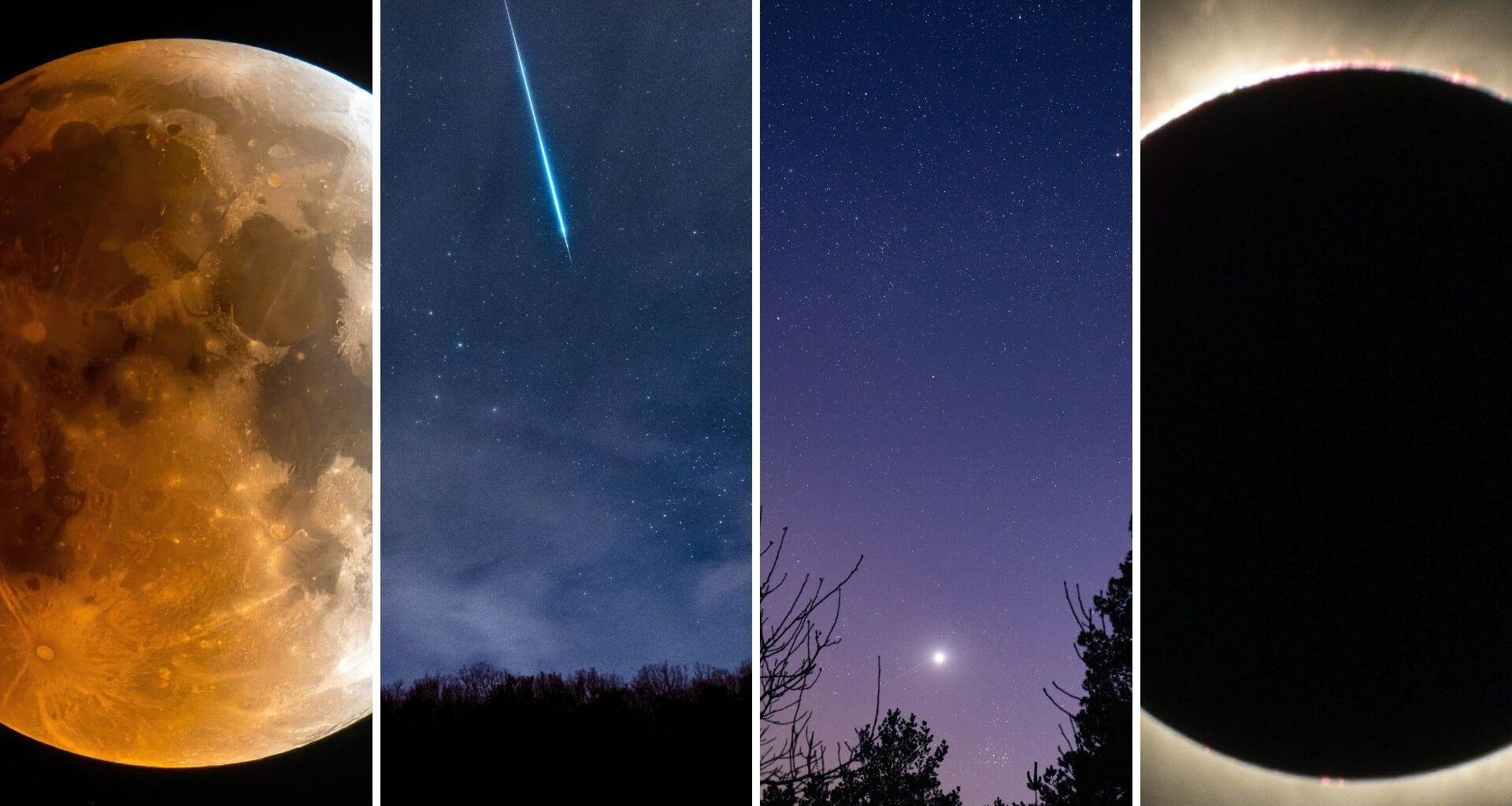 four panel image showing left to right a blood red moon, a meteor streaking through the sky, venus shining bright in the sky and a total solar eclipse