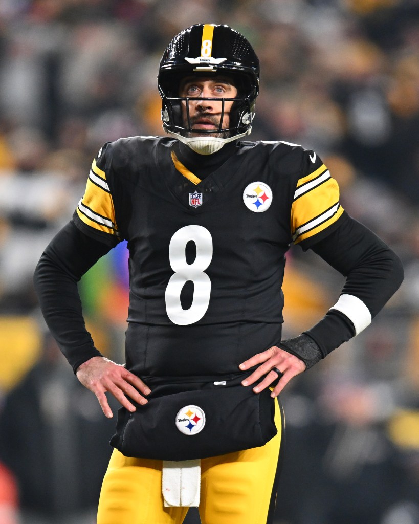 Aaron Rodgers #8 of the Pittsburgh Steelers looks on during the second quarter against the Baltimore Ravens at Acrisure Stadium on January 04, 2026 in Pittsburgh, Pennsylvania.