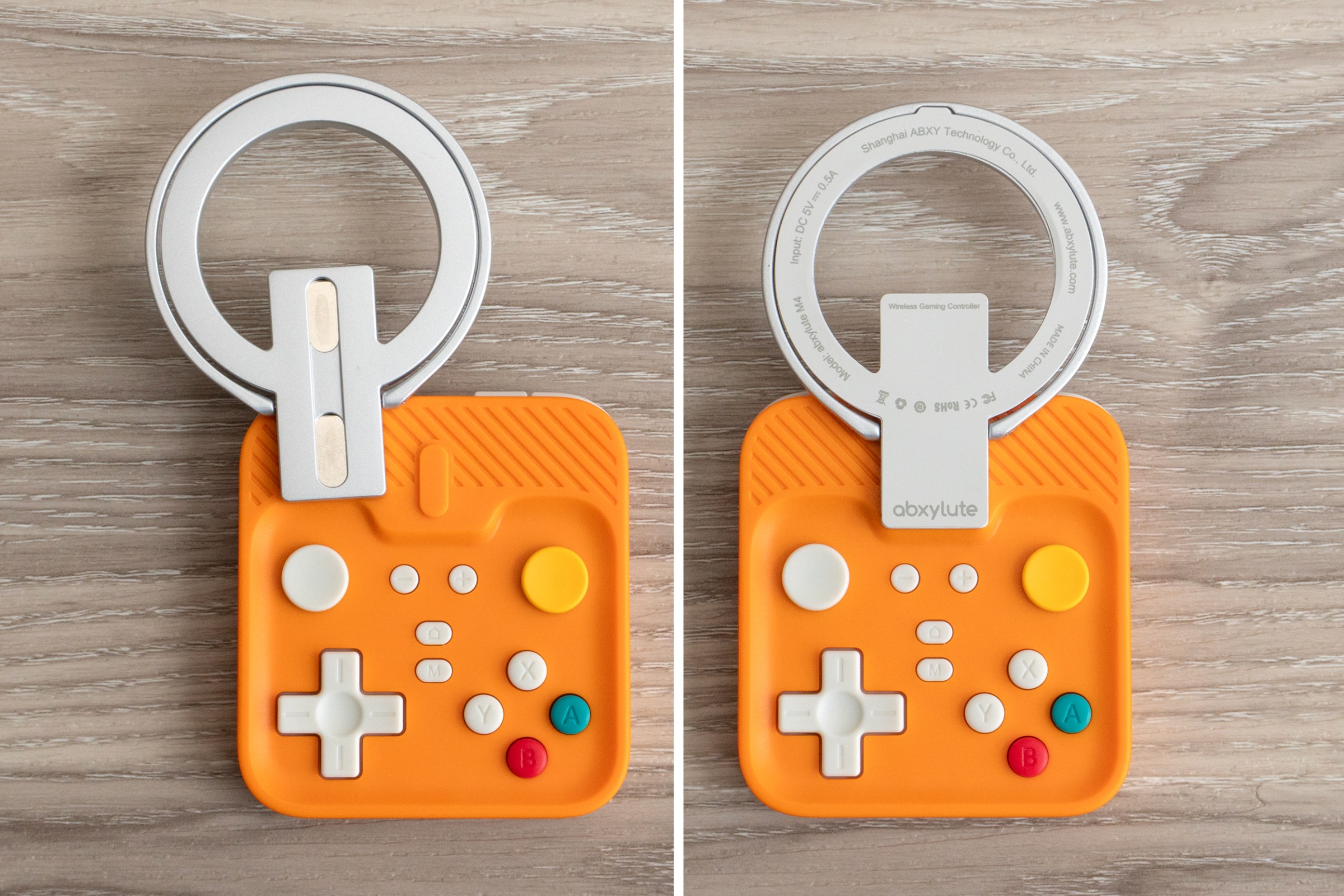 Two photos showing the Abxylute M4’s magnetic mount attached and disconnected from the controller.