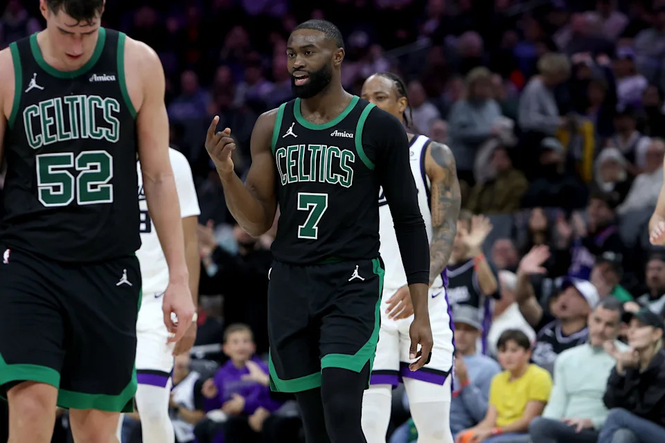 Jan 1, 2026; Sacramento, California, USA; Boston Celtics forward Jaylen Brown (7) signals for a replay after getting fouled out during the fourth quarter at Golden 1 Center. Mandatory Credit: Dennis Lee-Imagn Images