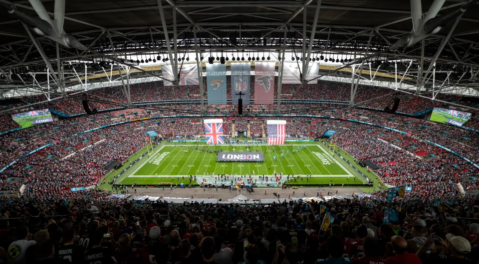 LONDON, ENGLAND - OCTOBER 01: General view inside the stadium prior to the NFL match between Atlanta Falcons and Jacksonville Jaguars at Wembley Stadium on October 01, 2023 in London, England. (Photo by Justin Setterfield/Getty Images)