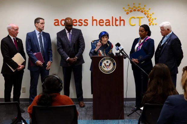 Connecticut's Congressional delegation has been seeking increased healthcare subsidies in Washington, D.C. Here, U.S. Rep. Rosa DeLauro of New Haven is shown during a press conference at Access Health CT in Hartford in October 2025. U.S. Rep. Joe Courtney, Rep. Jim Himes, Access Health CT CEO James Michel, Rep. Jahana Hayes and Rep. John Larson stand behind her. (Shahrzad Rasekh / CT Mirror)