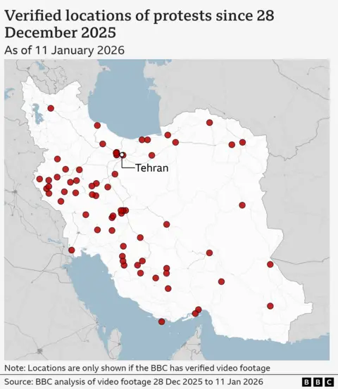 Map showing verified locations of protests in Iran since 28 December 2025, as of 11 January 2026