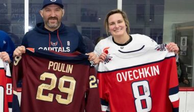 Alex Ovechkin does jersey swap with Marie-Philip Poulin