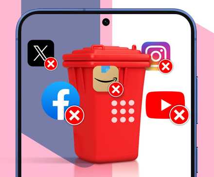 A red trash bin on a smartphone screen with deleted app icons around it, including YouTube, Instagram, Facebook, X, and Amazon