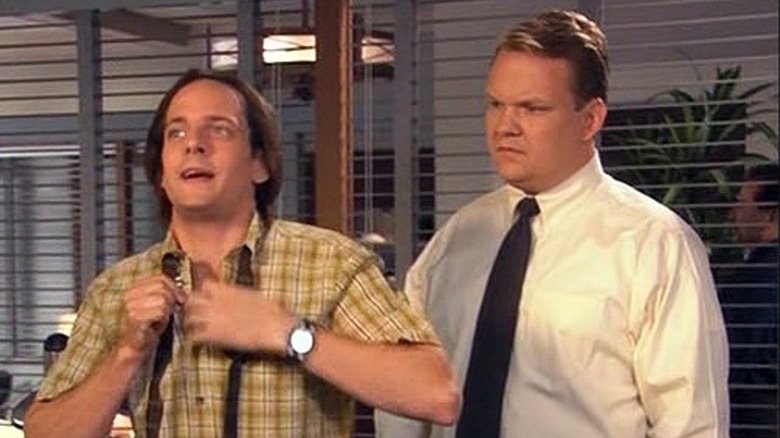 Byron Togler (Jonathan Slavin) and Andy Richter struggle at work in Andy Richter Controls the Universe