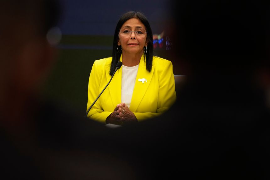 Venezuelan Vice President and Oil Minister Delcy Rodriguez gives a news conference at the Miraflores presidential palace in Caracas, Venezuela, on March 10, 2025.