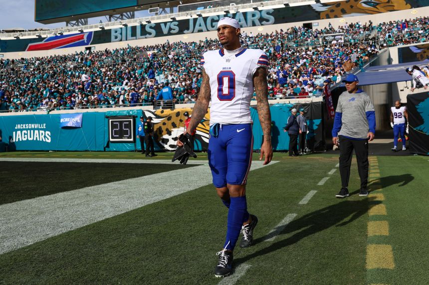 Keon Coleman enters the field after halftime against the Jacksonville Jaguars on Sunday, January 11, 2026.