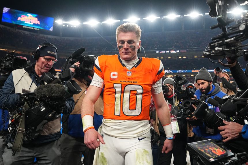 Denver Broncos quarterback Bo Nix celebrates the win against the Buffalo Bills.