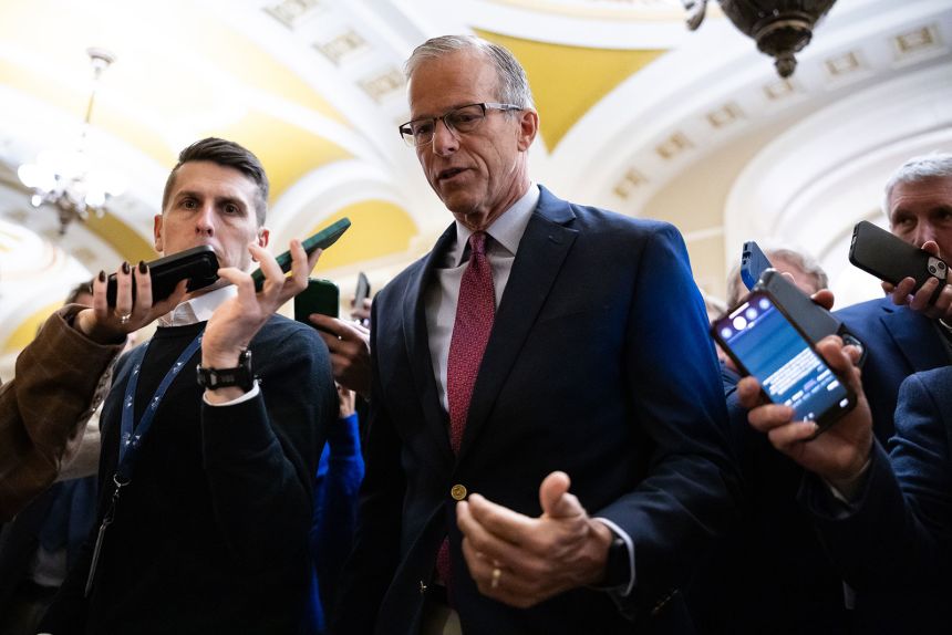 Senate Majority Leader John Thune speaks with reporters as he walks to the Senate chamber at the US. Capitol on Tuesday, January 27.