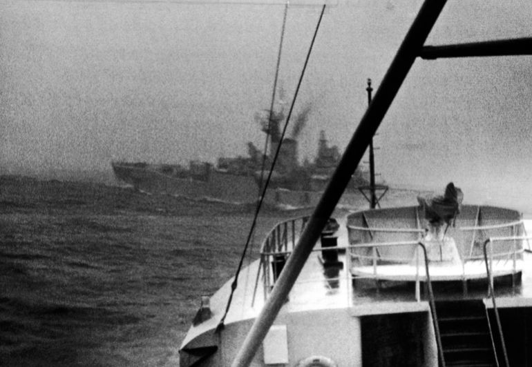 Royal Navy frigate HMS Brighton crisscrosses in front of gunboat Thor off the coast of Iceland during an incident where Thor cut the trawling wires of a British trawler which occurred dispute known as the 'Cod Wars'. Date unknown. (AP Photo/Johannsson)