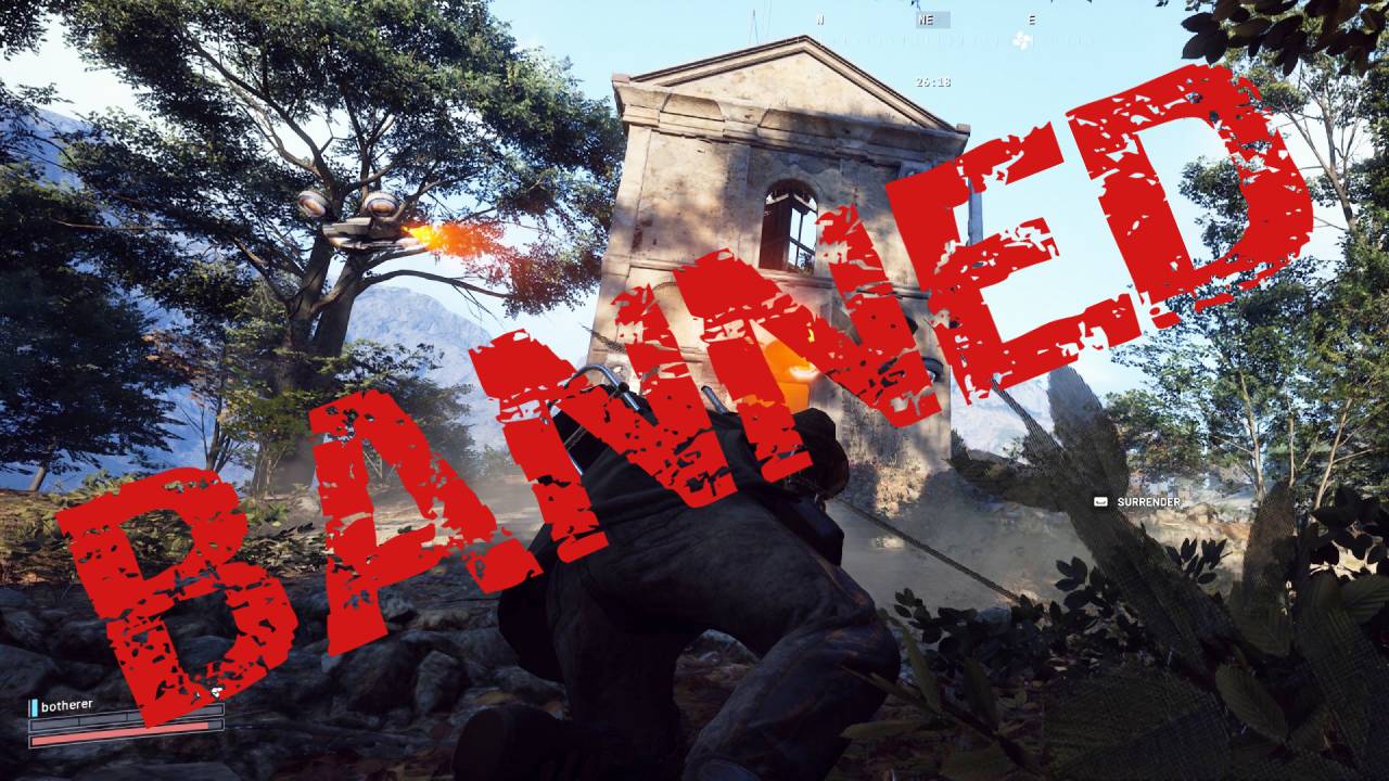 The word 'BANNED' across an Arc Raiders screenshot.
