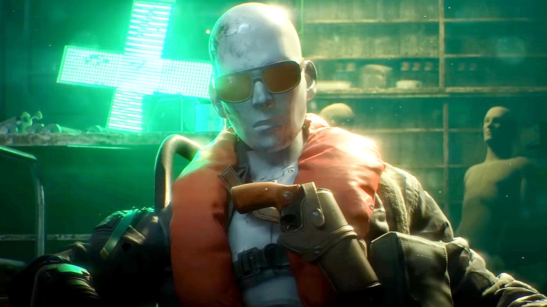 Arc Raiders: A mannequin style android wearing an orange life vest and black sunglasses 