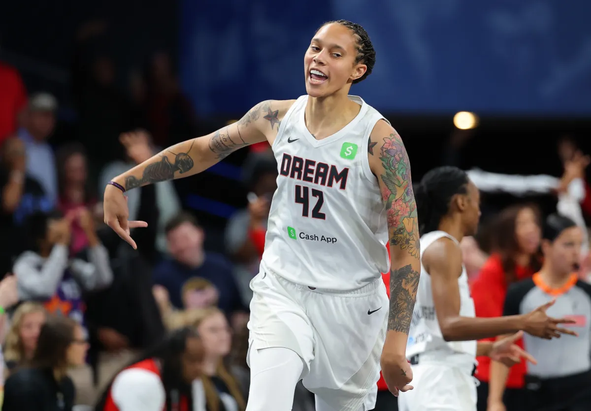 COLLEGE PARK, GEORGIA - MAY 10: Brittney Griner #42 of the Atlanta Dream reacts after hitting a three-point basket against the Indiana Fever during the first quarter of a preseason game at Gateway Center Arena on May 10, 2025 in College Park, Georgia. NOTE TO USER: User expressly acknowledges and agrees that, by downloading and/or using this photograph, user is consenting to the terms and conditions of the Getty Images License Agreement. (Photo by Kevin C. Cox/Getty Images)
