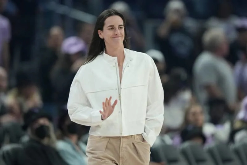 Aug 31, 2025; San Francisco, California, USA; Indiana Fever guard Caitlin Clark (22) walks on the court before the game against the Golden State Valkyries at Chase Center. Mandatory Credit: Darren Yamashita-Imagn Images