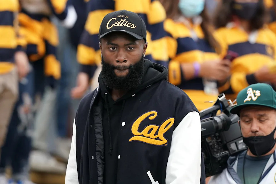 Sep 18, 2021; Berkeley, California, USA; Boston Celtics forward Jaylen Brown walks through the crowd during the second quarter of the game between the California Golden Bears and the Sacramento State Hornets at FTX Field at California Memorial Stadium. Mandatory Credit: Darren Yamashita-USA TODAY Sports