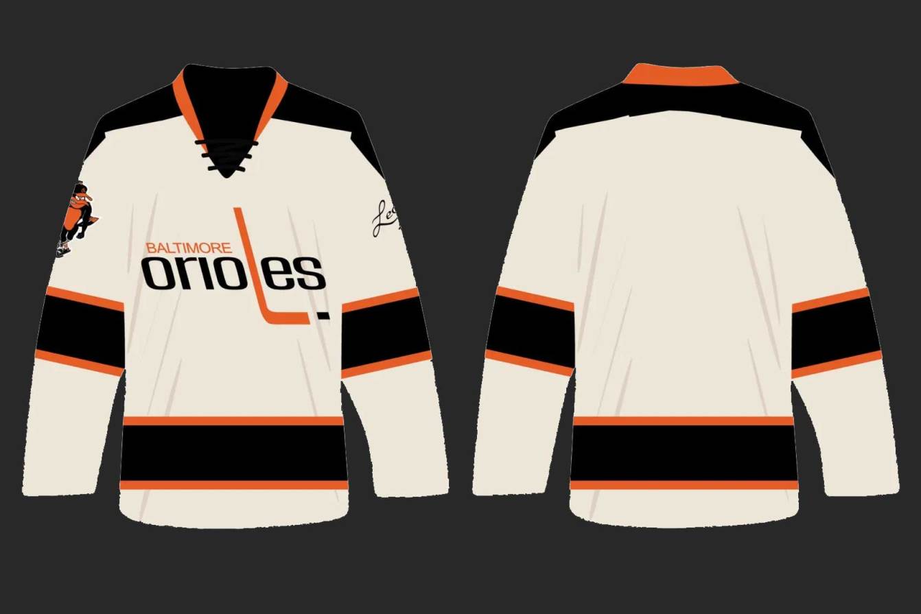 Front and back of the Baltimore Orioles hockey jersey giveaway