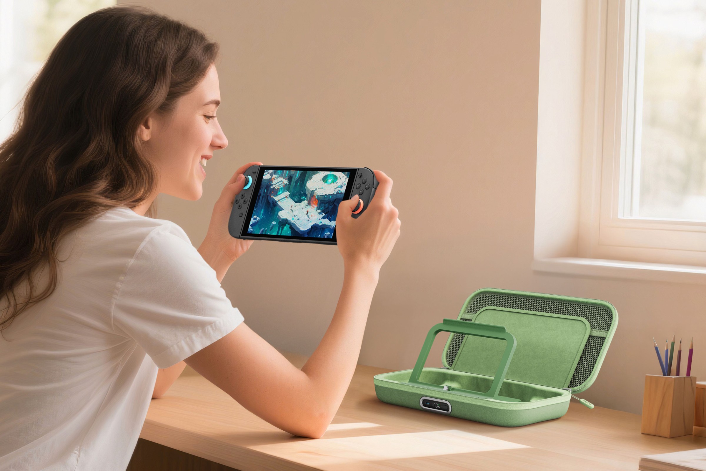 A person playing the Nintendo Switch 2 with Belkin’s Charging Case Pro sitting on a nearby wooden desk.