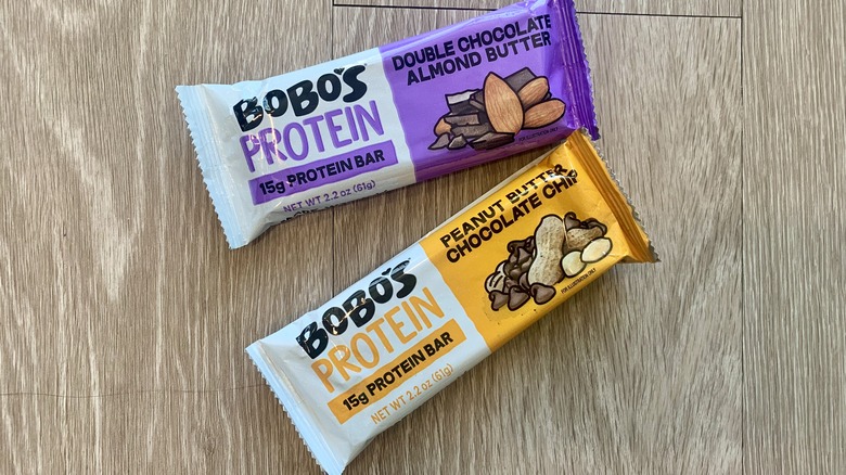 Bobo's protein bars on table