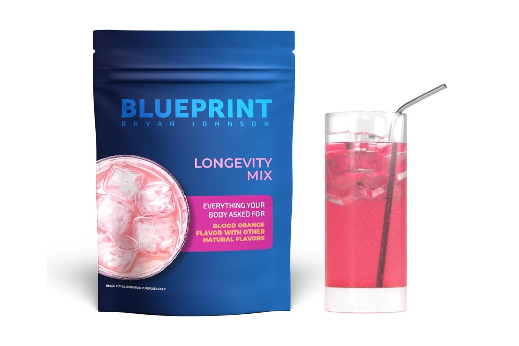 A bag of liquid next to a straw