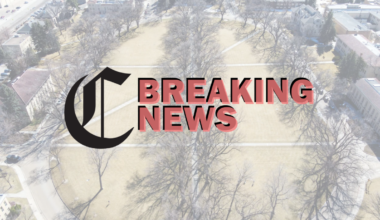 A large black letter C in the style of The Collegian logo is to the left of the words Breaking News written in red all caps. The graphic is on top of a faded image of The Oval from above.