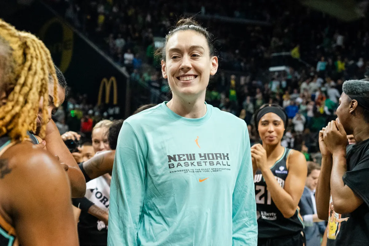 EUGENE, OREGON - MAY 12:  Breanna Stewart #30 of the New York Liberty reacts after the preseason win over the Toyota Antelopes at Matthew Knight Arena on May 12, 2025 in Eugene, Oregon. 