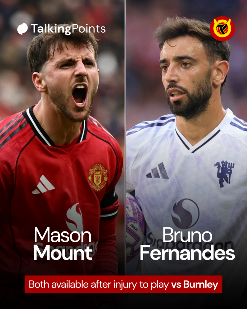 Mason Mount during the Premier League match between Manchester United and Sunderland at Old Trafford in 2025, inset Bruno Fernandes during the pre-season friendly match between Manchester United and Leeds United at the Strawberry Arena in 2025.