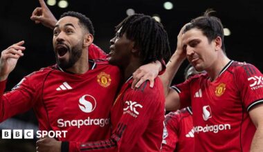 Mattheus Cunha, Patrick Dorgu and Harry Maguire celebrate Man Utd's win against Man City