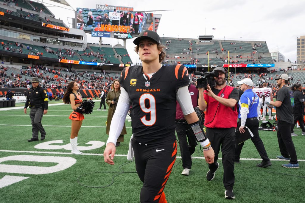 Cincinnati Bengals quarterback Joe Burrow leaving the field after a football game.