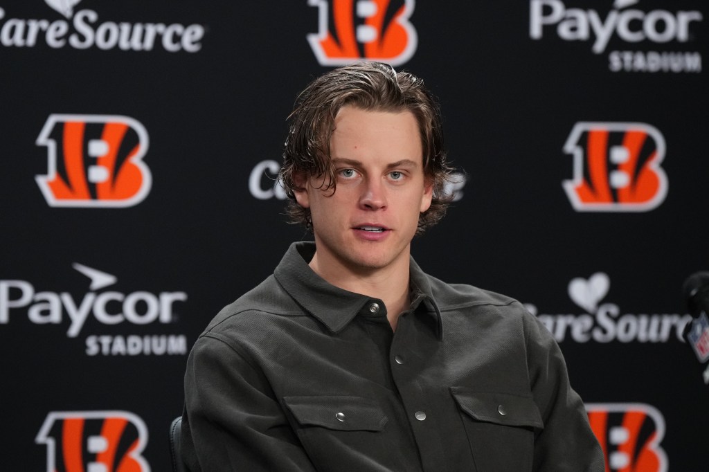 Cincinnati Bengals quarterback Joe Burrow speaking at a news conference.
