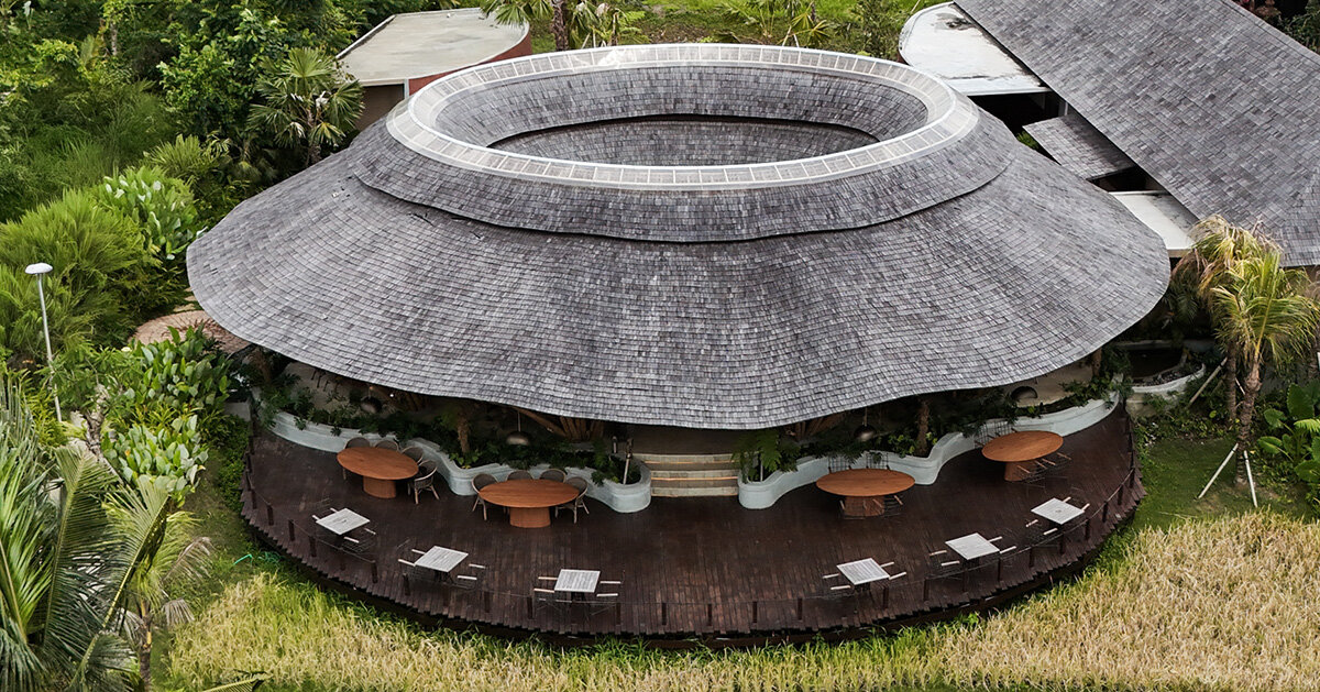 bamboo roof collects rainwater at pablo luna studio's restaurant in bali