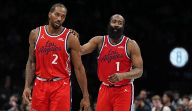 LA Clippers' James Harden (1) talks to Kawhi Leonard (2) during the second half of an NBA basketball game against the Brooklyn Nets Friday, Jan. 9, 2026, in New York. (AP Photo/Frank Franklin II)
