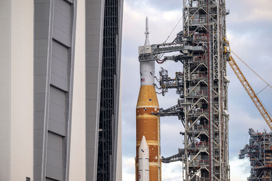 NASA’s Orion spacecraft, which sits atop the Space Launch System rocket for liftoff, are seen at Kennedy Space Center in Florida on January 17.