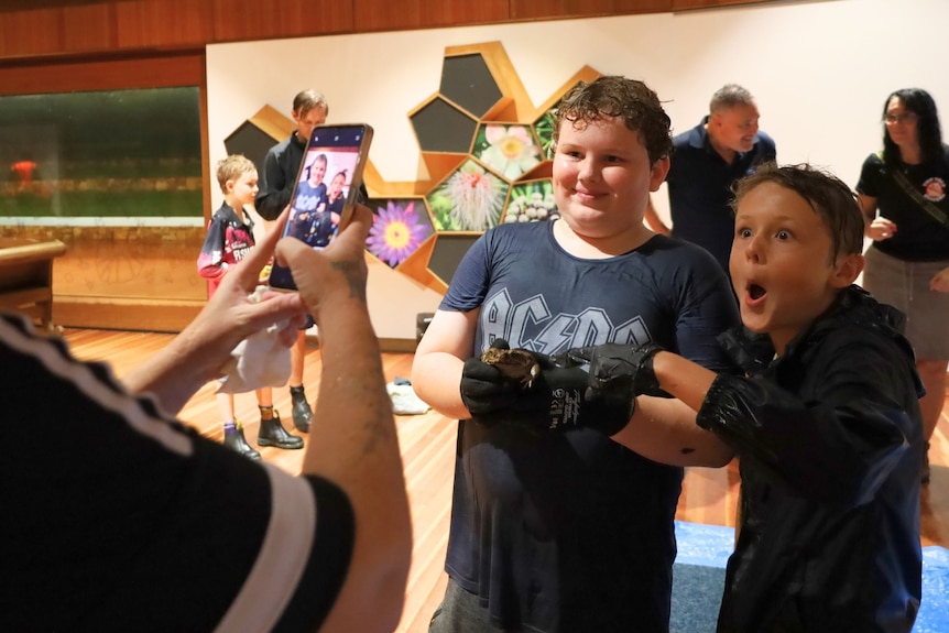 Two children holding a large cane toad as a parent takes photos of them.
