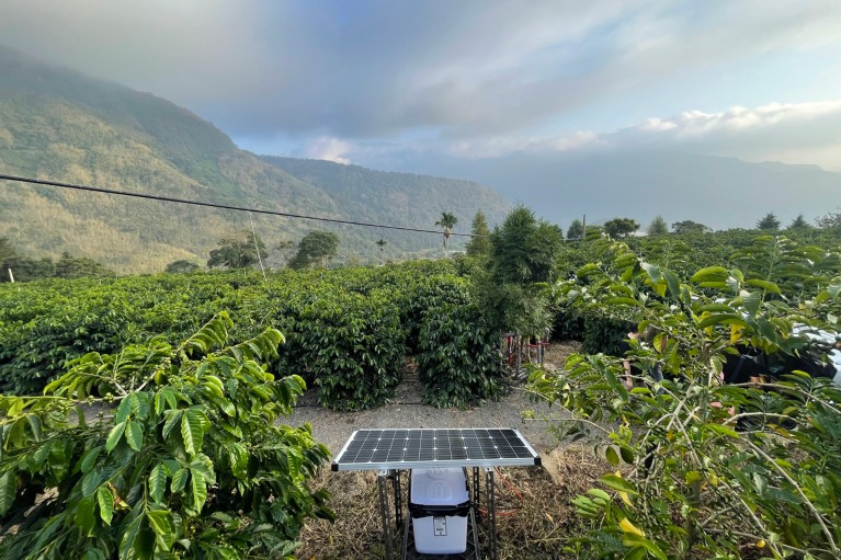 A device with solar panels sits between rows of lush green plants on a partially cloudy day, with mountains in the background.