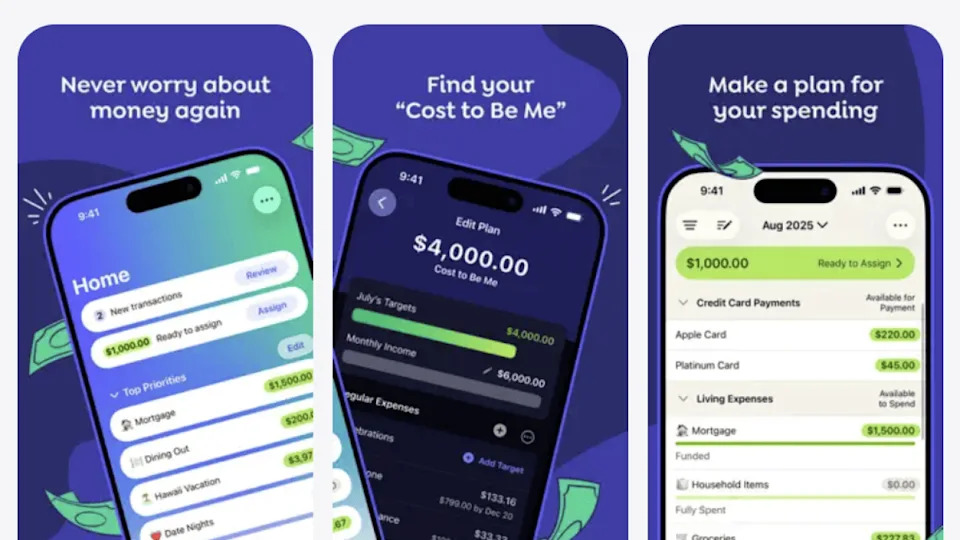 Three screenshots showing the interface of the You Need a Budget or YNAB app. - You Need a Budget (YNAB)