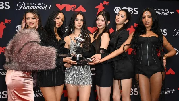 KATSEYE pose in the press room during the 2025 MTV Video Music Awards at UBS Arena on September 07, 2025 in Elmont, New York. (Bryan Bedder/Getty Images for MTV)