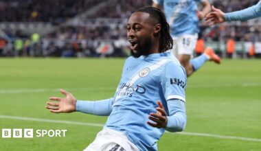 Antoine Semenyo celebrates after scoring for Manchester City against Newcastle United at St James' Park on 13 January, 2026
