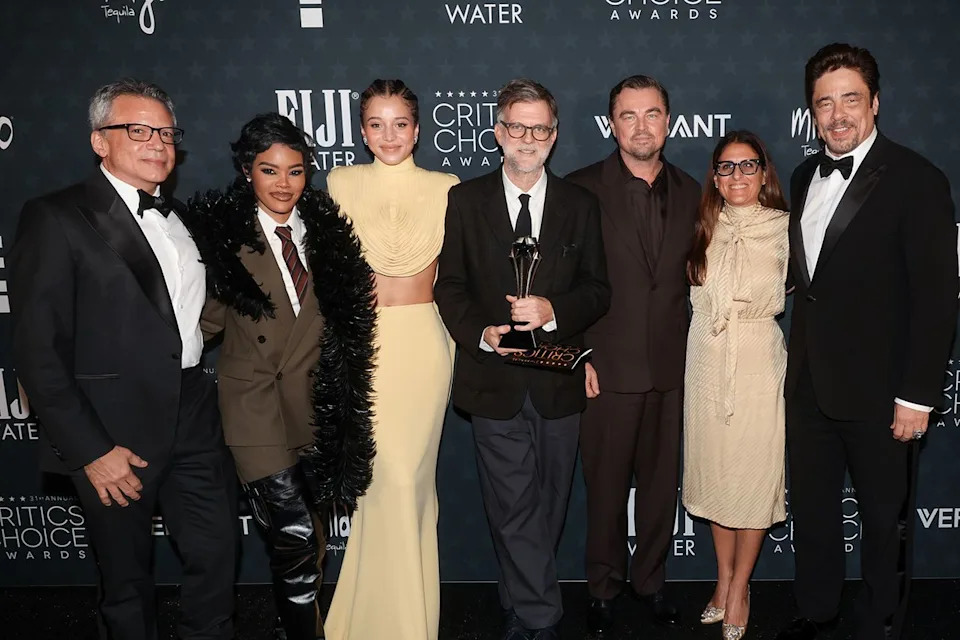 Christopher Polk/Variety via Getty Michael De Luca, Teyana Taylor, Chase Infiniti, Paul Thomas Anderson, Leonardo DiCaprio, Pamela Abdy and Benicio del Toro win the Critics Choice Award for Best Picture for 