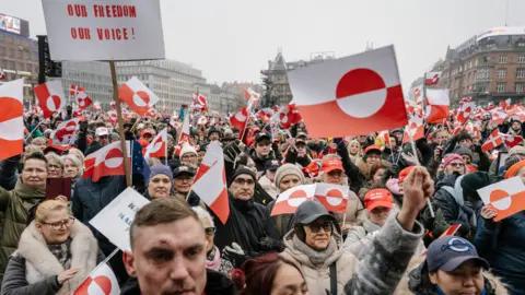 EPA Protesters waving Greenland's white and red flag in support of self-determination in Copenhagen, 17 January 2016