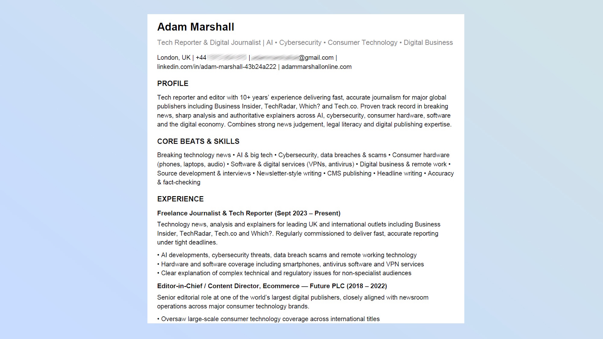 A sample resume of Adam Marshall as generated by ChatGPT.