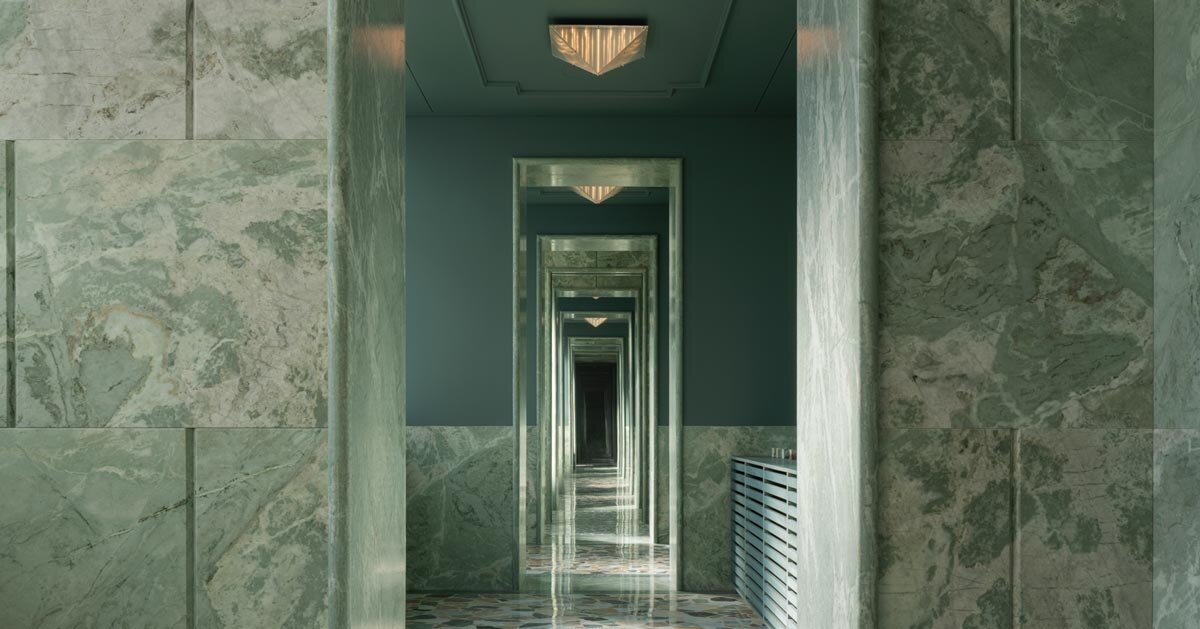 green marble clads showroom’s immersive interiors in shenzhen