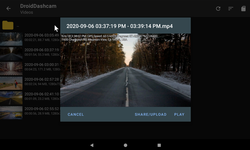 A screenshot of the Droid Dashcam video repository.