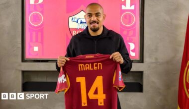 Donyell Malen poses with Roma shirt after joining from Aston Villa