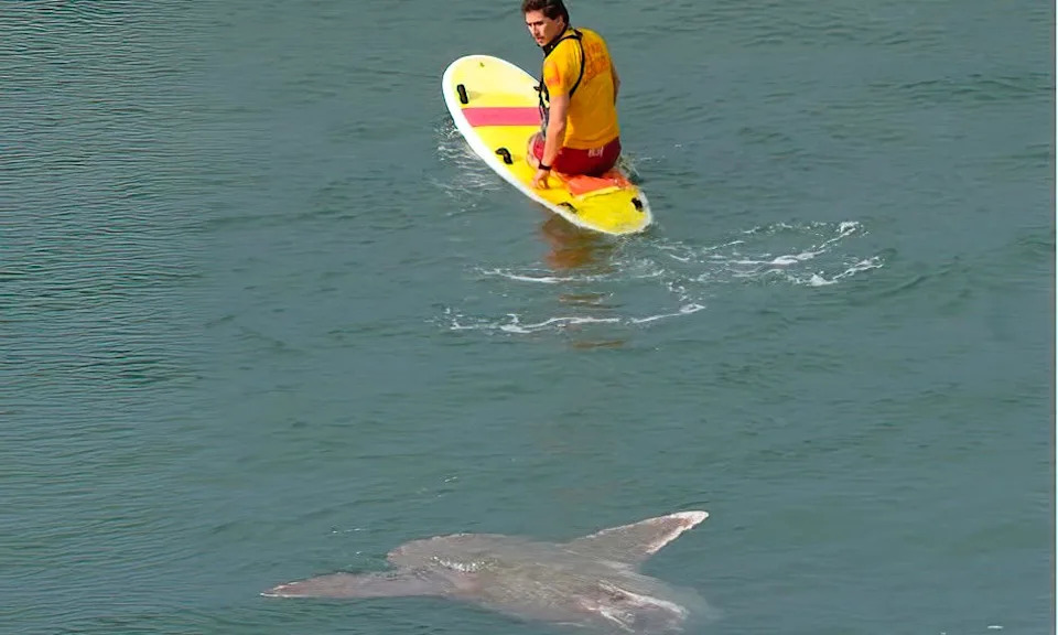 Surfer eyes Mola mola off San Diego beach.