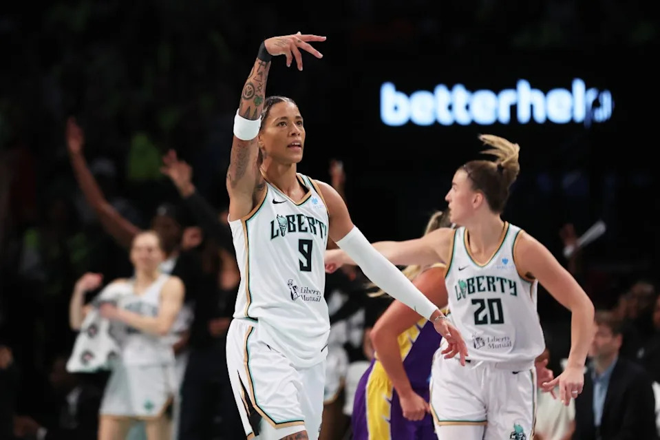 New York Liberty guard Natasha Cloud (9) reacts after scoring a 3-point basket during the second half of a game against the Los Angeles Sparks at the Barclays Center in Brooklyn, N.Y. on Saturday, July 26, 2025. Heather Khalifa for the NY Post